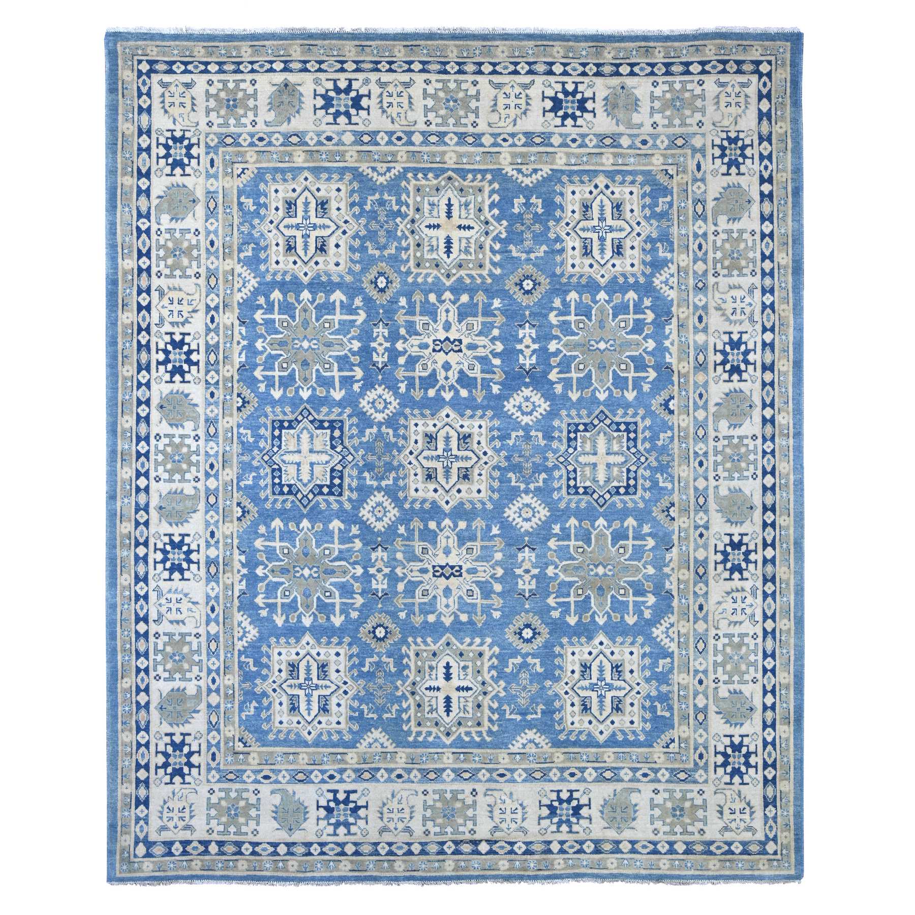8'2"x9'6" Carolina Blue, Vintage Look Kazak with Geometric Floral Elements, 100% Wool, Hand Knotted, Natural Dyes, Oriental Rug 